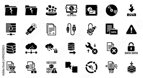 Collection of black icons representing various technology and data concepts on a clean white background