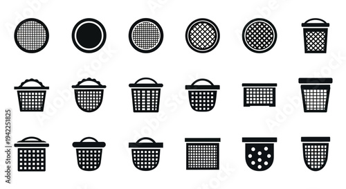 Collection of various basket and bin icons displayed in a grid pattern with different textures and designs