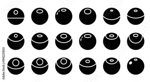 Collection of black and white illustrations of various billiard balls arranged in a grid pattern on a clean white background viewed from directly above