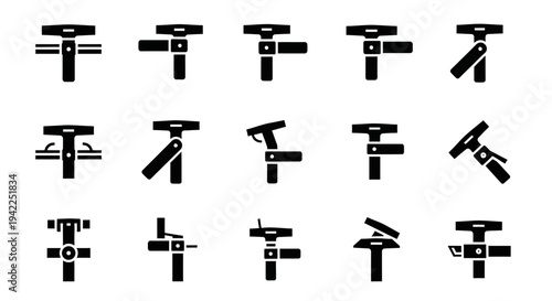 Collection of abstract black mechanical parts and tools arranged in a grid pattern on a white background viewed from directly above