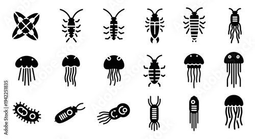 Collection of black insect and microorganism icons on a plain background from a straightforward viewpoint