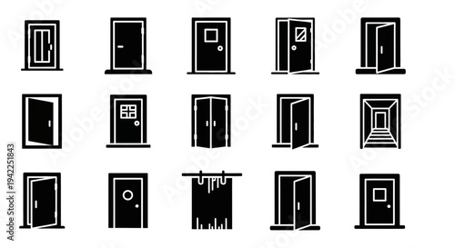 Collection of various door illustrations displayed in a grid on a plain surface from a straightforward viewpoint
