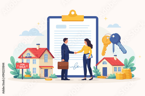 Real Estate Agreement Concept with Realtor and Client Shaking Hands over Signed Contract Clipboard, House Models, Keys, and For Sale Sign. Flat Vector Illustration for Property Sales and Finance.