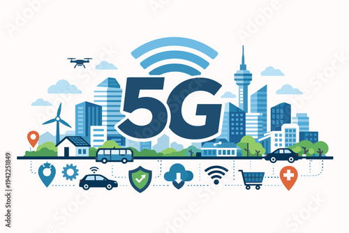 5G Network Technology Concept with Smart City Skyline, High-Speed Wireless Internet Connectivity, IoT Infrastructure Icons, Skyscrapers, Autonomous Vehicles, and Digital Communication Systems