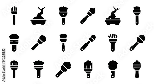 A collection of various microphone icons arranged in a grid pattern on a plain background from a straightforward viewpoint