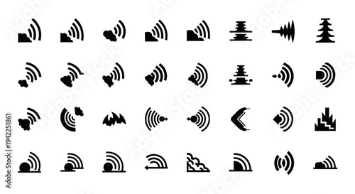 Collection of various signal icons representing different types of waves and signals in black on a white background viewed from directly above