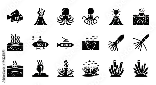 Collection of black icons representing various science and nature elements like volcanoes, marine life, and plants