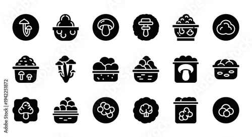 Collection of culinary icons representing various dishes and ingredients displayed in a grid pattern