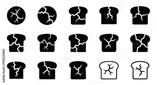 Collection of various bread icons with cracked surfaces displayed in a grid pattern