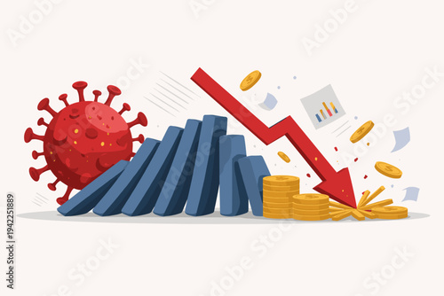 Vector Illustration of COVID-19 Virus Pathogen Causing Domino Effect Leading to Global Financial Crisis and Economic Recession with Falling Red Arrow Crashing into Gold Coins and Market Charts