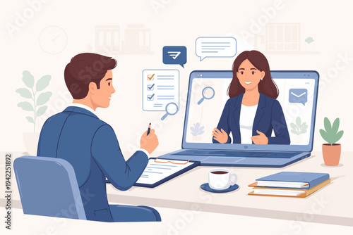 Vector illustration of a male HR manager interviewing a female candidate via an online video call platform on a laptop, featuring office desk, checklist, coffee, and remote recruitment icons.
