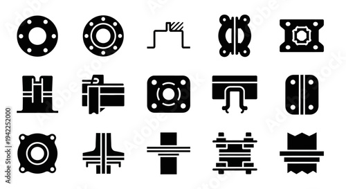 Collection of industrial machinery parts and mechanical components displayed on a plain background from a straightforward viewpoint