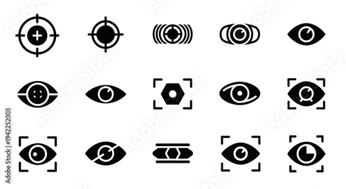 Collection of black and white eye icons, vision symbols, and target indicators displayed on a plain background from a straightforward viewpoint