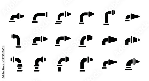 Collection of various black pipe fittings and valves on a white background viewed from directly above