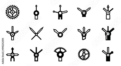Collection of various mechanical icons and symbols illustrating industrial concepts and machinery parts in a grid layout from a direct viewpoint