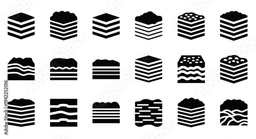 Collection of assorted layered cake icons in various designs on a plain background