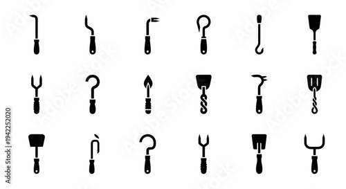 Collection of various gardening tools icons displayed in grid formation on a plain background