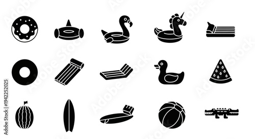 A collection of summer-themed icons featuring inflatables and recreation items on a clean background from a straightforward viewpoint