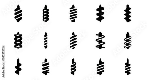 Collection of diverse abstract black silhouettes arranged in a grid pattern on a clean white background viewed from directly above