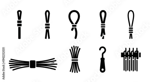 Collection of various rope knots and ties displayed against a clean background from a straightforward viewpoint