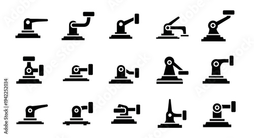 Collection of robotic arm icons in various positions and angles on a clean background