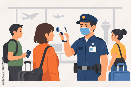 Airport Security Officer in Face Mask Checking Body Temperature of Travelers with Infrared Thermometer at Terminal Entrance, Health Screening for Pandemic Prevention During Air Travel Illustration