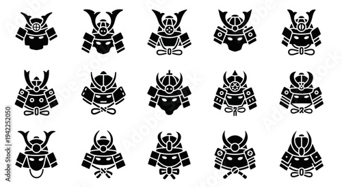 Collection of samurai armor illustrations showcasing various designs and helmets in a grid layout