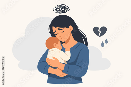 Vector Illustration of a Sad Mother Holding Her Baby, Depicting Postpartum Depression, Mental Health Struggles, and Emotional Exhaustion with Symbols of a Broken Heart and Tangled Thoughts.