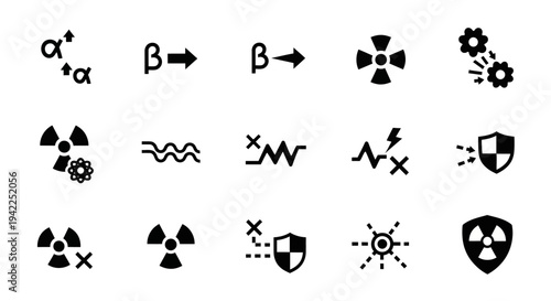 Collection of Nuclear Radiation Symbols and Icons Representing Hazard and Protection in a Simple Illustration Style