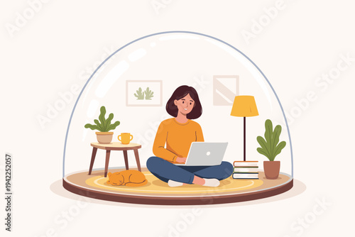 Vector Illustration of a Woman Working on a Laptop Inside a Glass Dome, Representing Self-Isolation, Quarantine, Social Distancing, Remote Work, and a Safe Personal Space with a Cat and Plants.