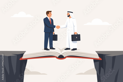 International business partnership concept with a western executive and Arab businessman shaking hands on an open book bridge over a chasm, representing global cooperation and education.