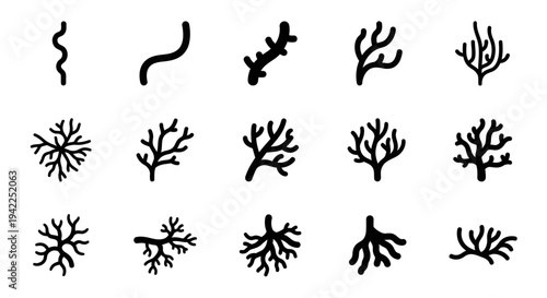 Collection of various black silhouettes of coral and seaweed on a white background from a direct viewpoint