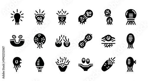 Collection of simple black icons representing various microorganisms and microscopic life forms on a plain white background