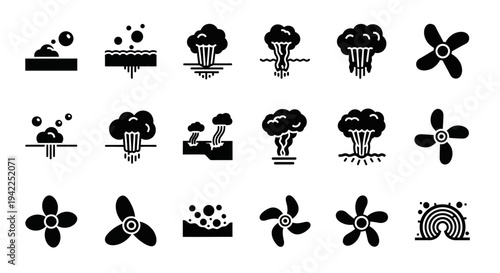 Collection of black icons representing various natural disasters and weather phenomena