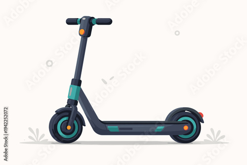 Modern electric scooter flat vector illustration for urban mobility and eco-friendly city transportation. Minimalist e-scooter design with teal accents isolated on a clean light background.
