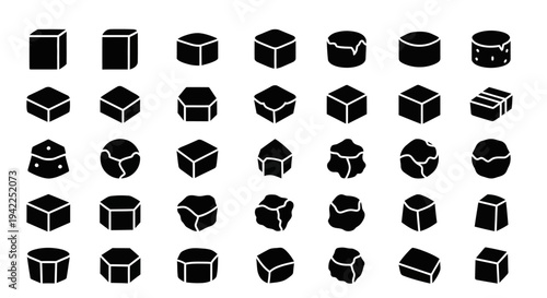 Collection of 3D cube icons in various orientations and styles displayed on a clean white background