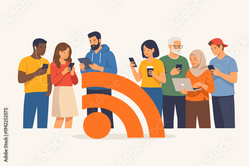 Diverse Group of People Using Mobile Gadgets and Devices Standing Near a Large Orange RSS Symbol for Connectivity, Social Media, and News Feed Concept, Flat Vector Illustration Background