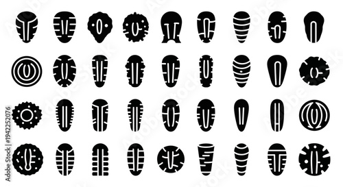 Collection of abstract black and white emblems with various designs and patterns illustrated on a plain background from a straightforward viewpoint