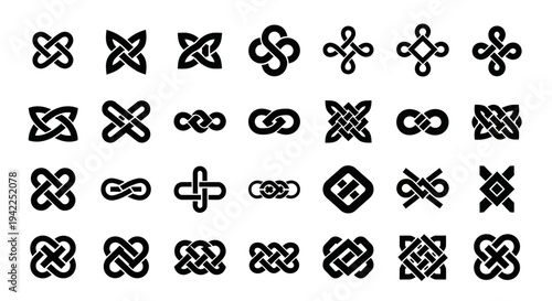 A collection of twenty-eight different black knotwork designs arranged in four rows on a white background