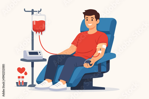Vector Illustration of a Young Man Donating Blood Sitting in a Medical Chair at a Clinic. Smiling Male Volunteer Giving Blood for Transfusion. Healthcare, Charity, and Life Saving Concept. Flat.
