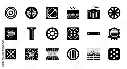 Collection of various black and white abstract geometric icons displayed on a white background from a straightforward viewpoint