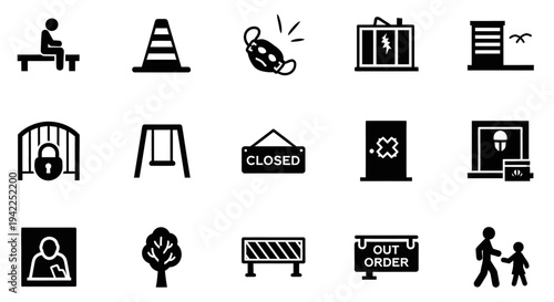 Collection of black icons depicting various caution signs and symbols on white background, viewed directly from the front