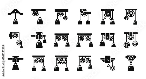 Collection of Various Industrial Machinery Icons and Symbols in Black Illustrations