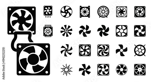 A collection of various computer fan icons and illustrations displayed together on a clean background