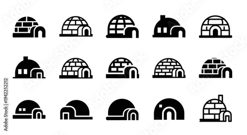 Collection of Simple Igloo Icons in Various Architectural Styles on a Plain Background