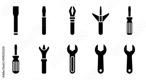 Collection of Various Tools and Equipment Silhouetted Against a Neutral Background from a Direct Viewpoint
