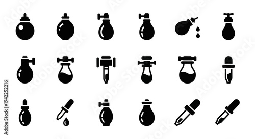 Collection of Laboratory Equipment Icons Featuring Flasks and Droppers in Simple Black Illustrations