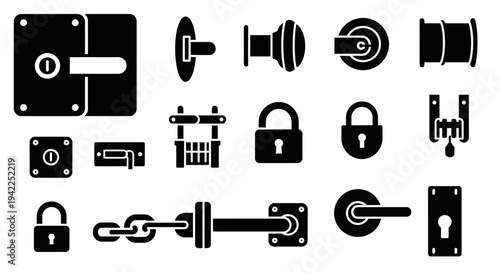 Collection of black security icons depicting various locks, doors, and safety devices on a plain background