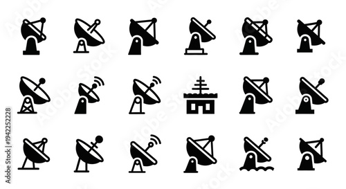 Collection of Satellite Dish Icons Representing Communication Technology in Various Orientations and Designs