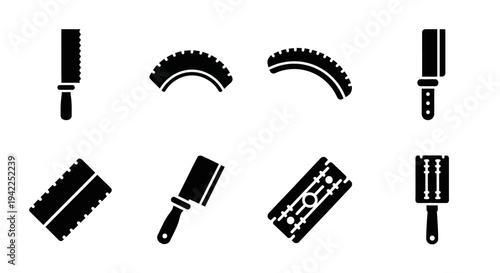 Various black office and crafting tool icons displayed on a clean white background from a direct viewpoint.